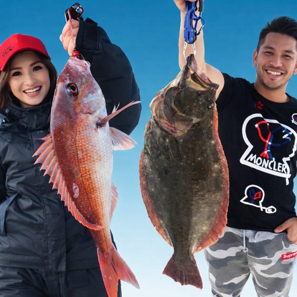 和歌山沖でタイラバにより釣れた真鯛と遊漁船ATOMのカップル